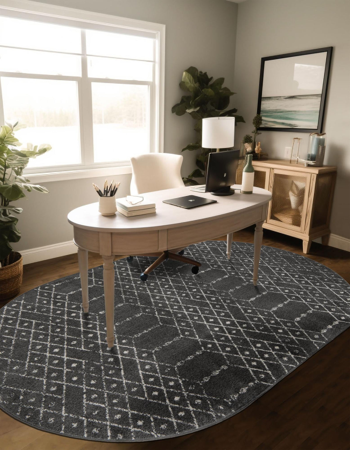 Marrakesh Lattice Collection Area Rug - Casablanca (Charcoal Gray) Oval Charcoal Gray  lifestyle 45