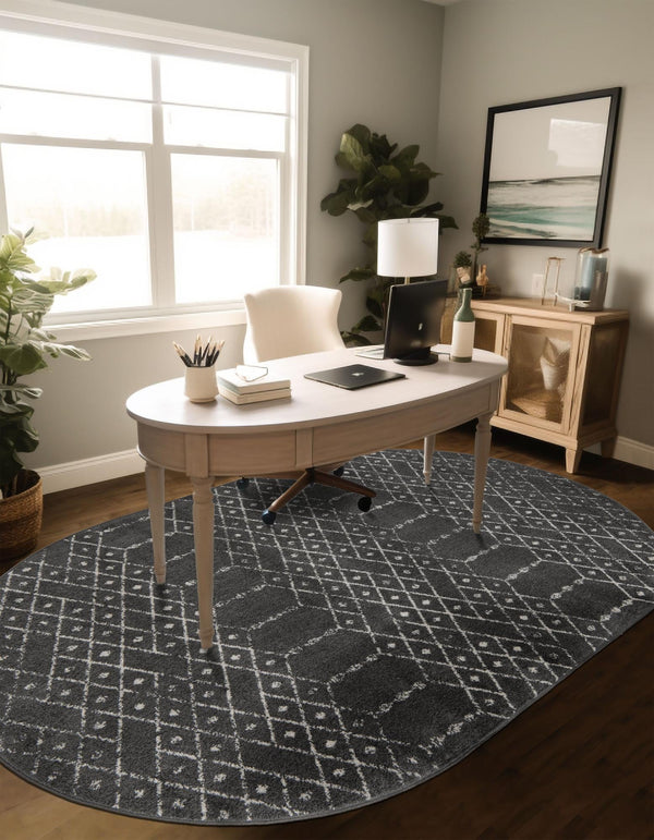 Marrakesh Lattice Collection Area Rug - Casablanca (Charcoal Gray) Oval Charcoal Gray  lifestyle 45