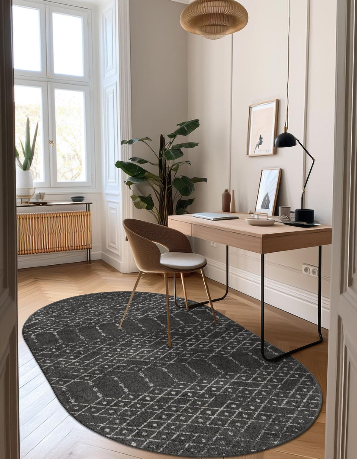 Marrakesh Lattice Collection Area Rug - Casablanca (Charcoal Gray) Oval Charcoal Gray  lifestyle 47