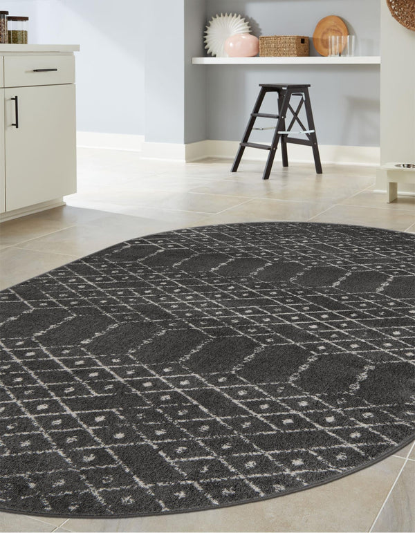 Marrakesh Lattice Collection Area Rug - Casablanca (Charcoal Gray) Oval Charcoal Gray  lifestyle 49
