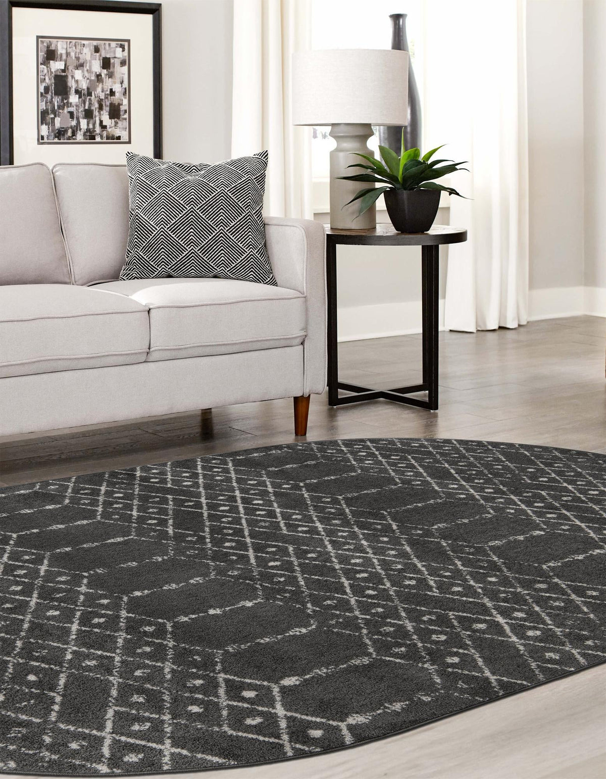 Marrakesh Lattice Collection Area Rug - Casablanca (Charcoal Gray) Oval Charcoal Gray  lifestyle 53