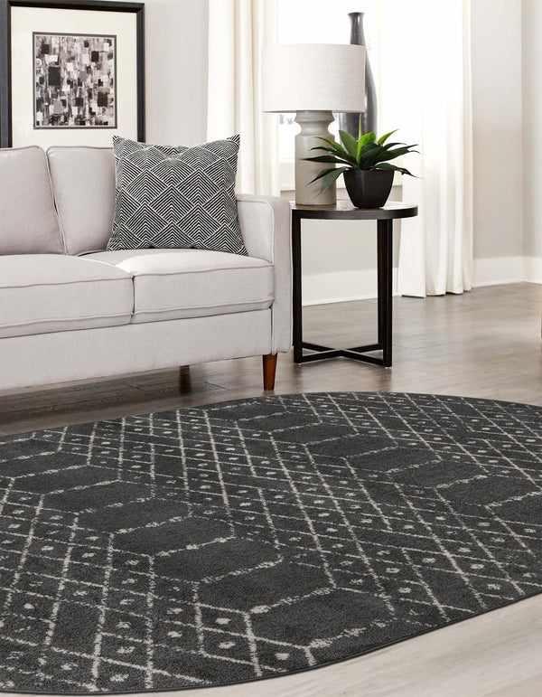 Marrakesh Lattice Collection Area Rug - Casablanca (Charcoal Gray) Oval Charcoal Gray  lifestyle 53