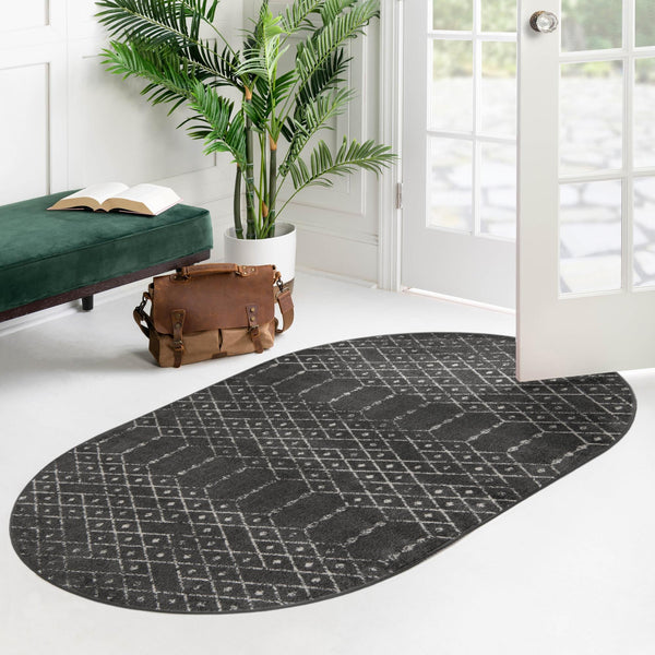 Marrakesh Lattice Collection Area Rug - Casablanca (Charcoal Gray) Oval Charcoal Gray  lifestyle 112