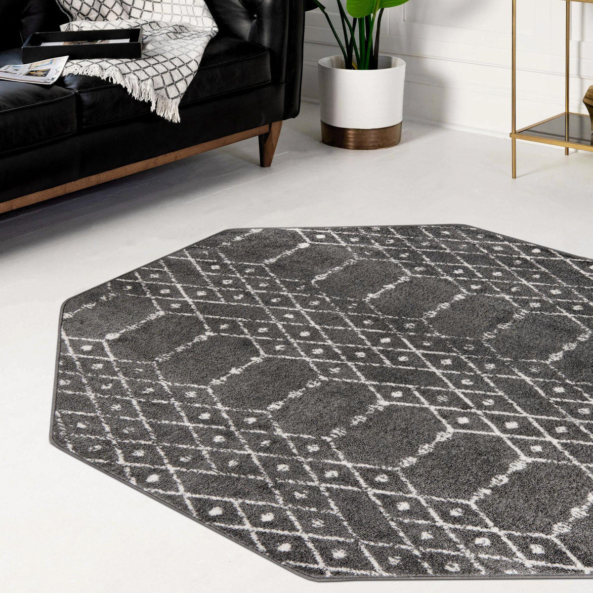 Marrakesh Lattice Collection Area Rug - Casablanca (Charcoal Gray) Octagon Charcoal Gray  lifestyle 113