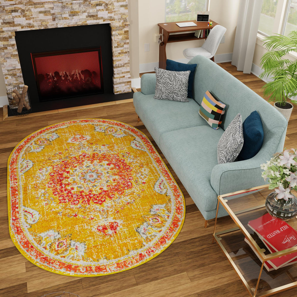 Brighton Terrace Collection Area Rug - Hove (Gold) Oval Gold  lifestyle 91