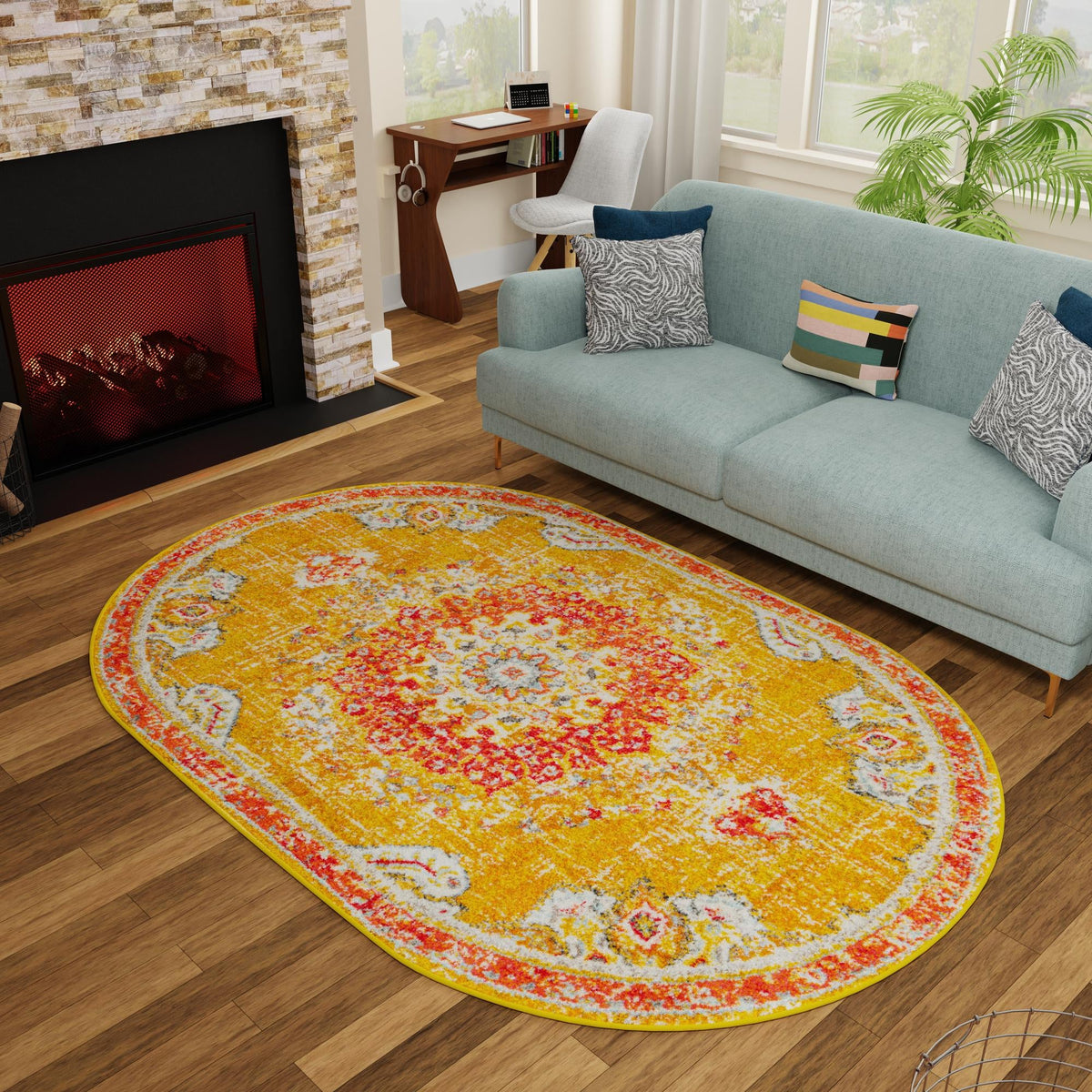 Brighton Terrace Collection Area Rug - Hove (Gold) Oval Gold  lifestyle 93