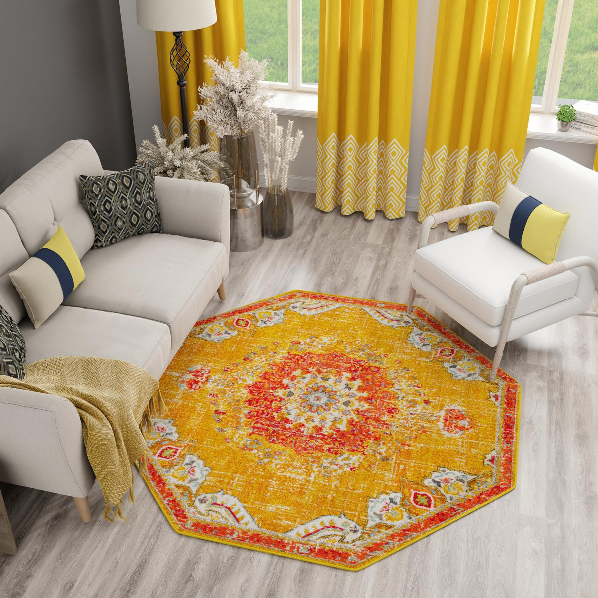 Brighton Terrace Collection Area Rug - Hove (Gold) Octagon Gold  lifestyle 92