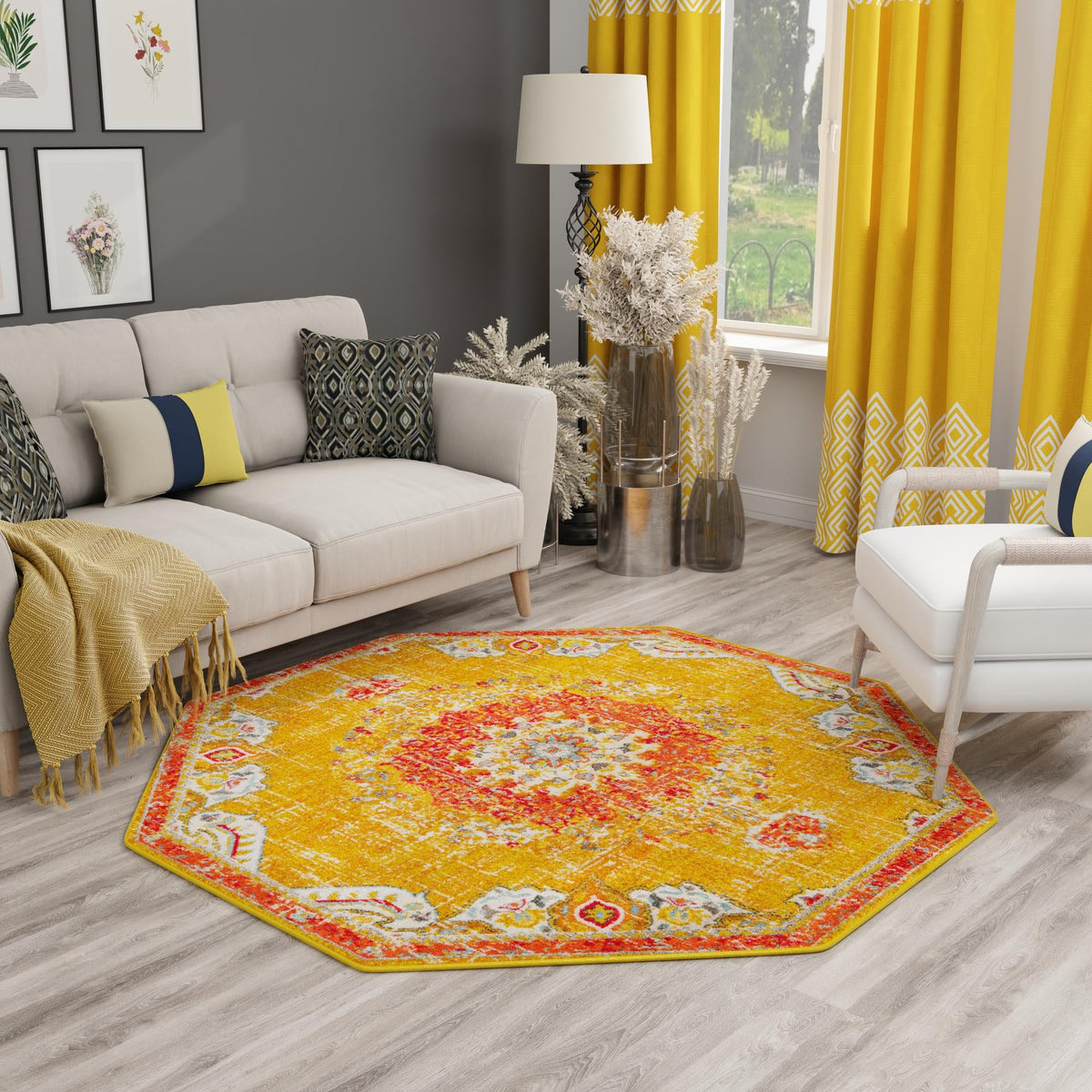 Brighton Terrace Collection Area Rug - Hove (Gold) Octagon Gold  lifestyle 94