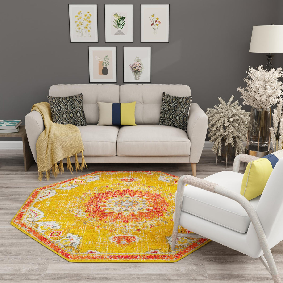 Brighton Terrace Collection Area Rug - Hove (Gold) Octagon Gold  lifestyle 96