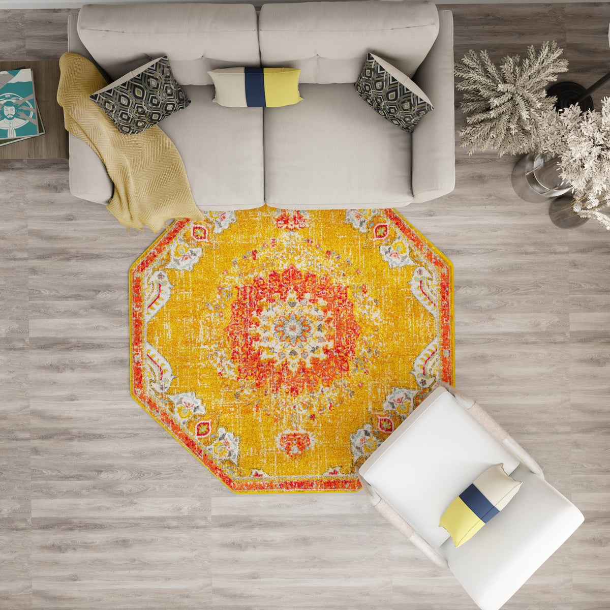 Brighton Terrace Collection Area Rug - Hove (Gold) Octagon Gold  lifestyle 98