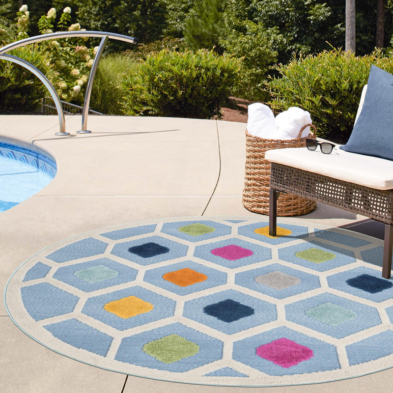 Bahama Breeze Outdoor Collection Area Rug -  Harbour Round Blue  lifestyle 111
