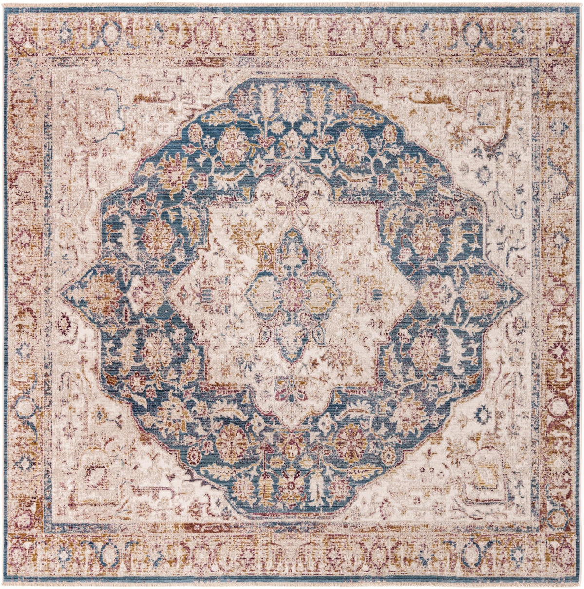Sahara Elegance Collection Area Rug -  Zagora Square Ivory and Blue  lifestyle 60