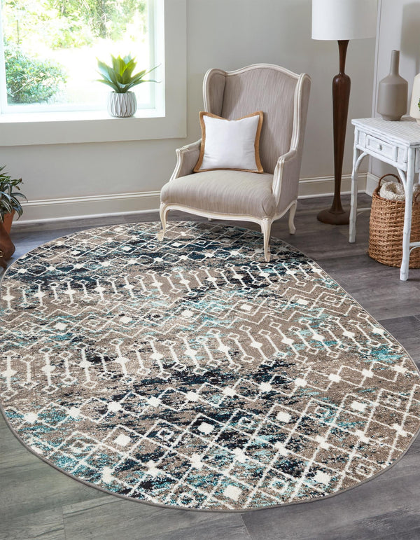 Mediterranean Lattice Collection Area Rug - Santorini (Multi Gray Blue) Oval Multi Gray Blue  lifestyle 5