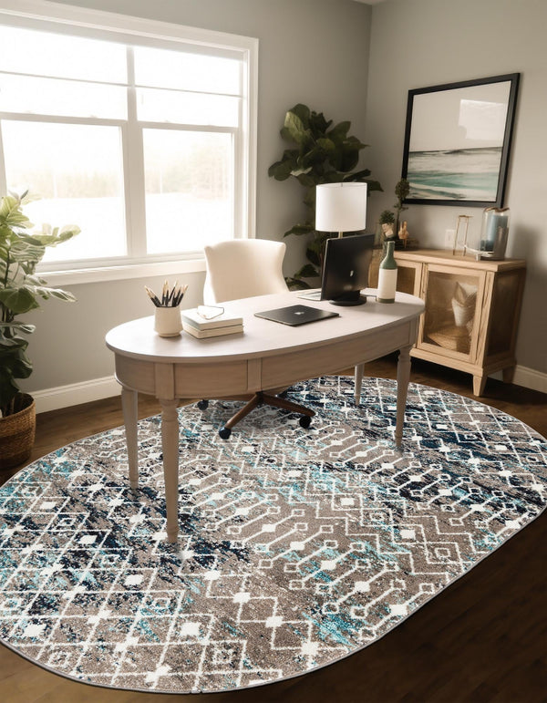 Mediterranean Lattice Collection Area Rug - Santorini (Multi Gray Blue) Oval Multi Gray Blue  lifestyle 8