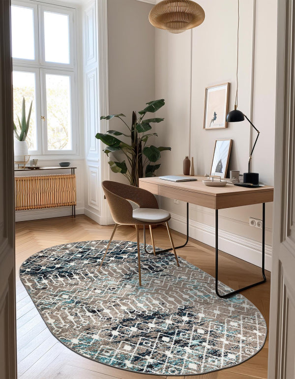 Mediterranean Lattice Collection Area Rug - Santorini (Multi Gray Blue) Oval Multi Gray Blue  lifestyle 9
