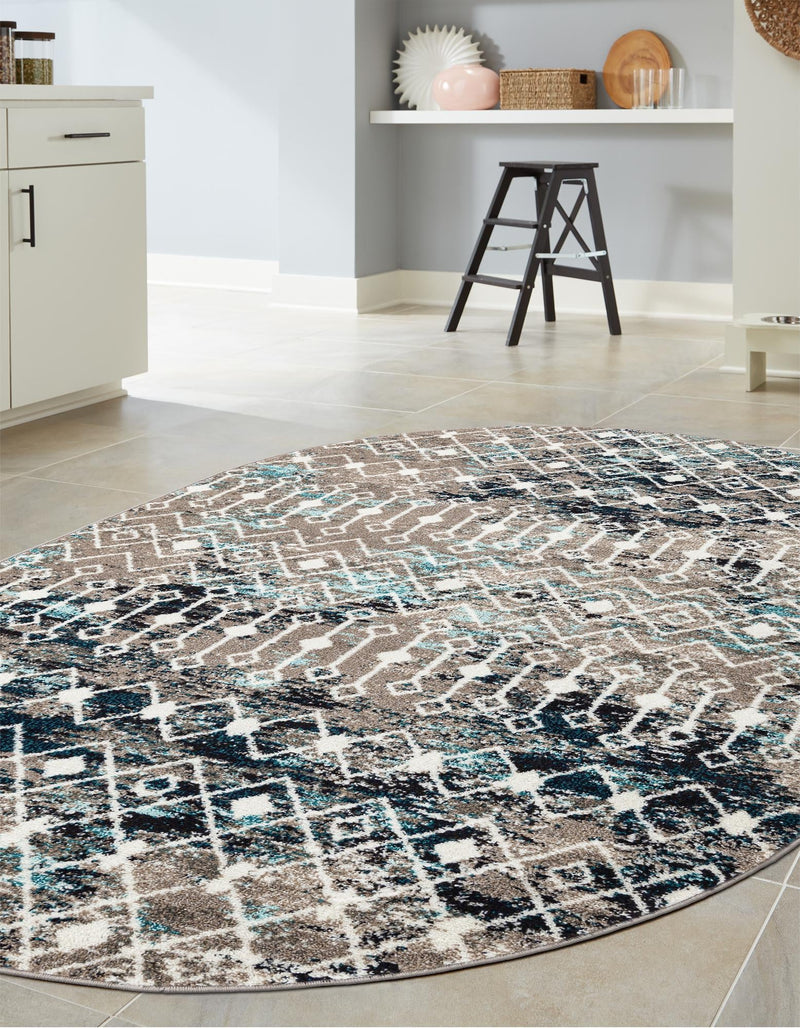 Mediterranean Lattice Collection Area Rug - Santorini (Multi Gray Blue) Oval Multi Gray Blue  lifestyle 10