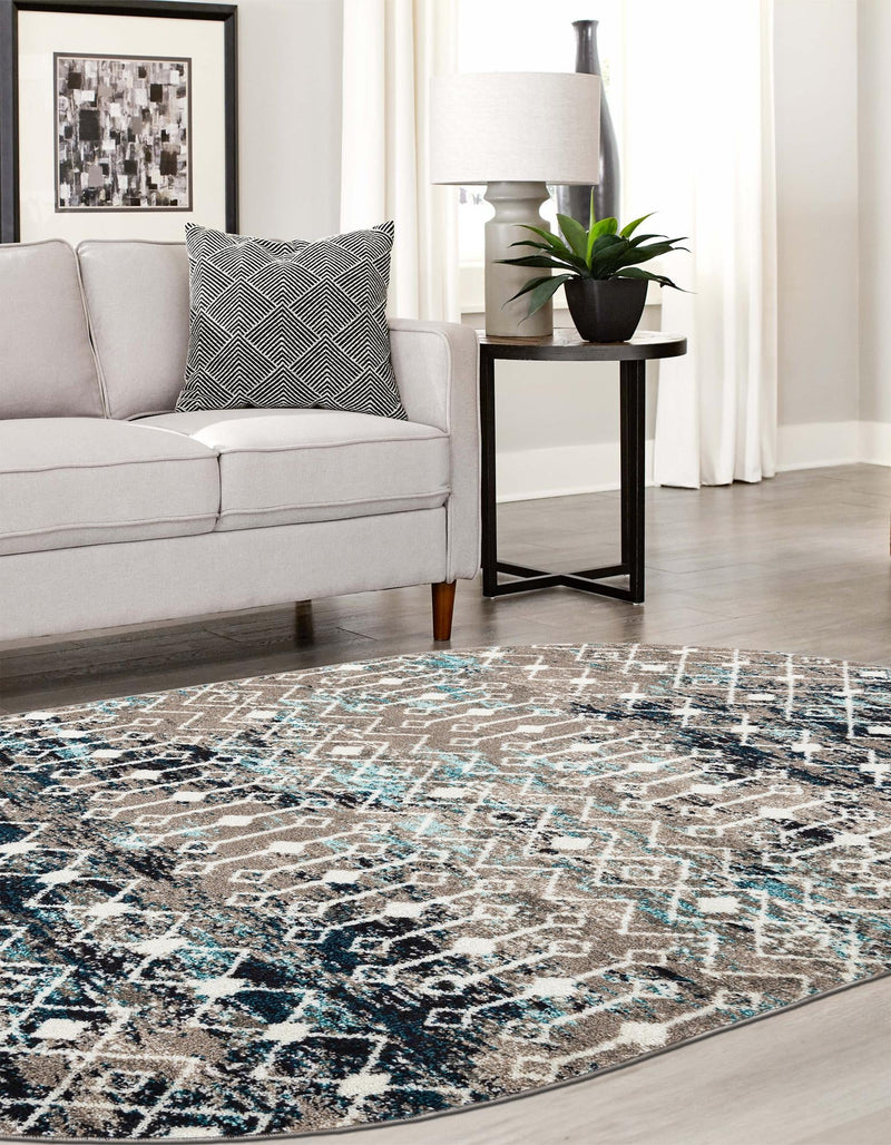 Mediterranean Lattice Collection Area Rug - Santorini (Multi Gray Blue) Oval Multi Gray Blue  lifestyle 12