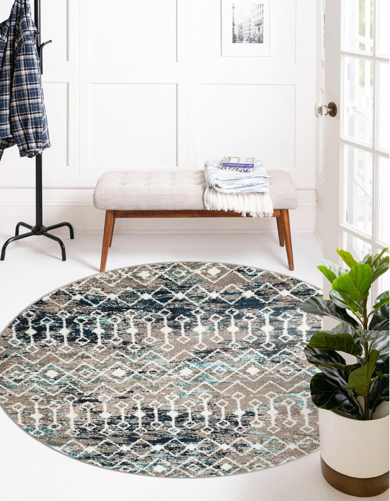 Mediterranean Lattice Collection Area Rug - Santorini (Multi Gray Blue) Round Multi Gray Blue  lifestyle 0