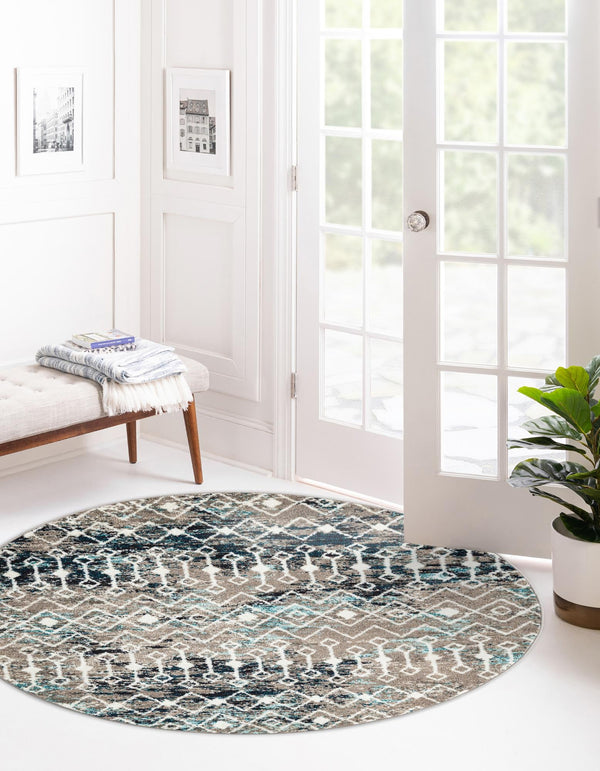 Mediterranean Lattice Collection Area Rug - Santorini (Multi Gray Blue) Round Multi Gray Blue  lifestyle 2