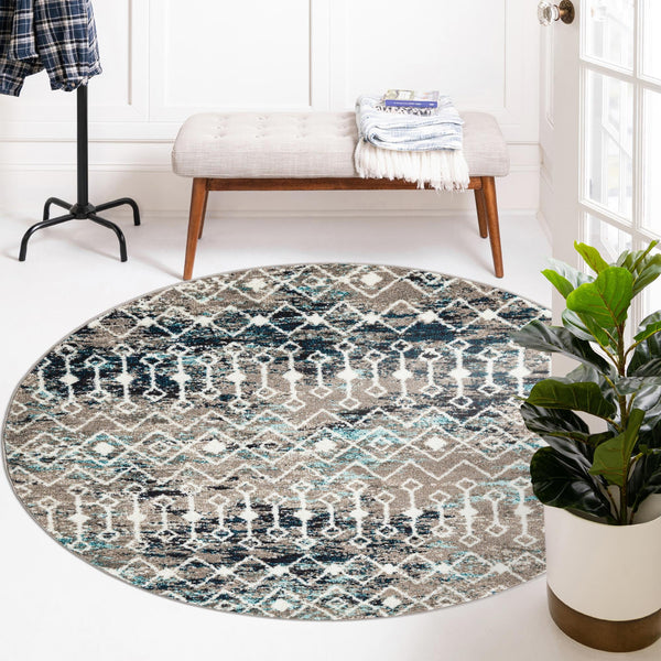 Mediterranean Lattice Collection Area Rug - Santorini (Multi Gray Blue) Round Multi Gray Blue  lifestyle 15