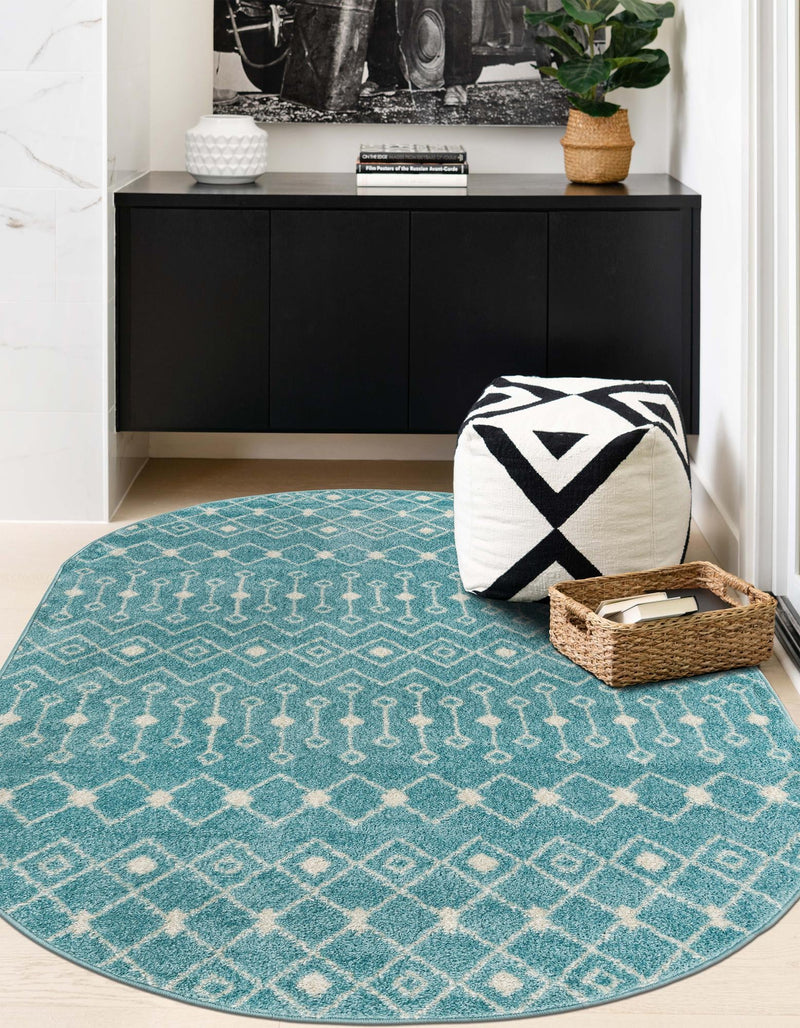 Mediterranean Lattice Collection Area Rug - Santorini (Aqua Blue) Oval Aqua Blue  lifestyle 38