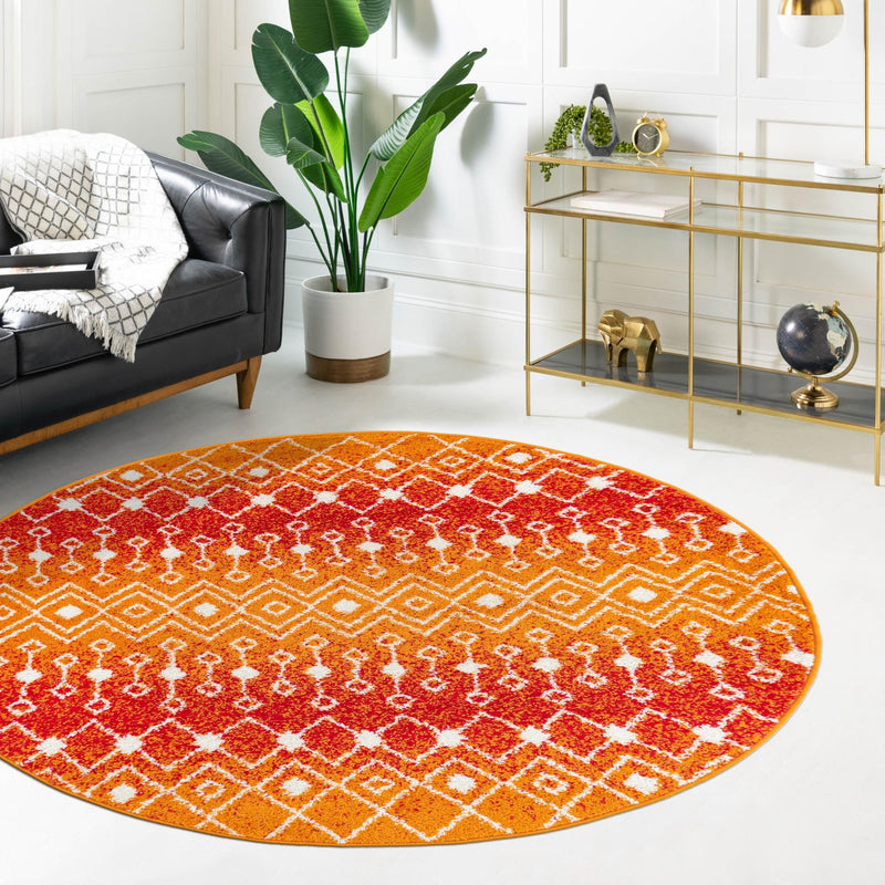 Mediterranean Lattice Collection Area Rug - Santorini (Orange and Red) Round Orange and Red  lifestyle 18