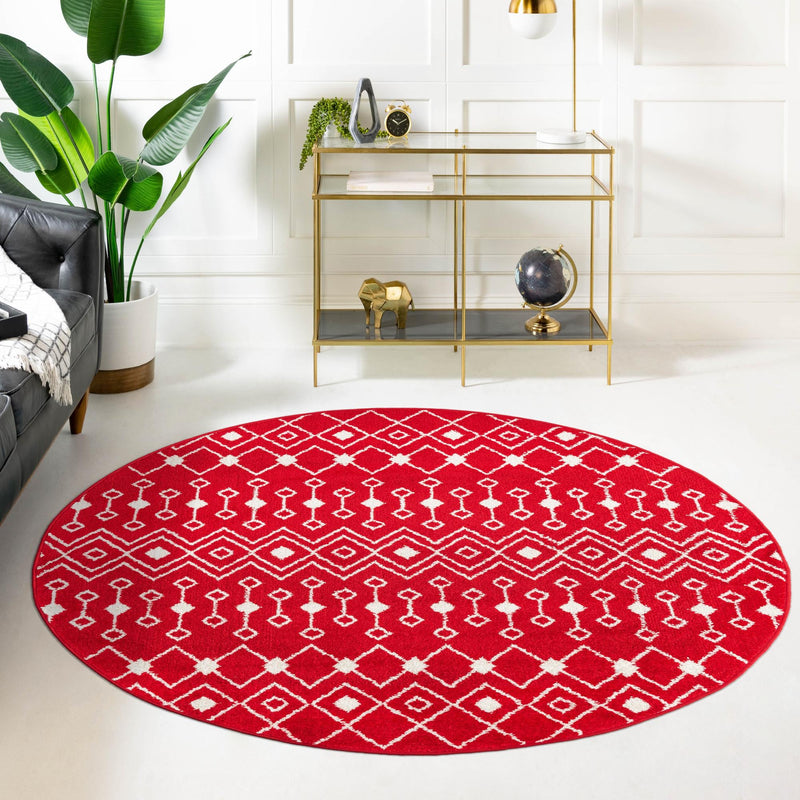 Mediterranean Lattice Collection Area Rug - Santorini (Burgundy Red) Round Burgundy Red  lifestyle 15