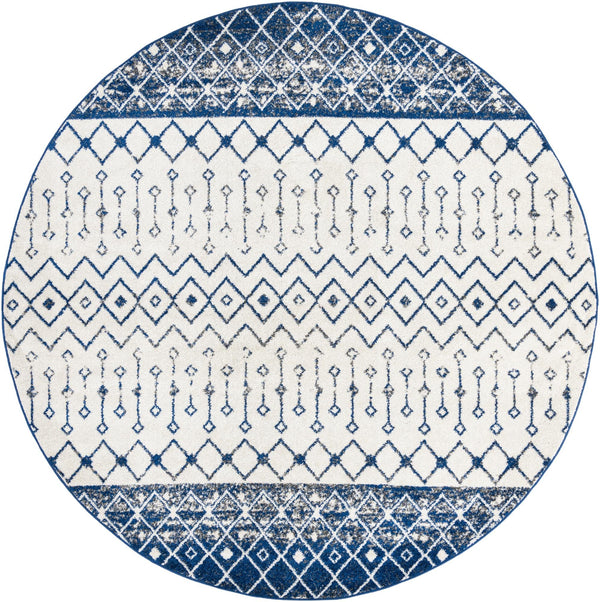 Mediterranean Lattice Collection Area Rug -  Casablanca (Ivory Navy Blue) Round Ivory Navy Blue Main