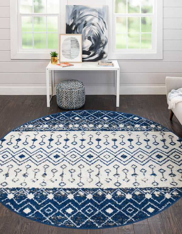 Mediterranean Lattice Collection Area Rug -  Casablanca (Ivory Navy Blue) Round Ivory Navy Blue  lifestyle 0