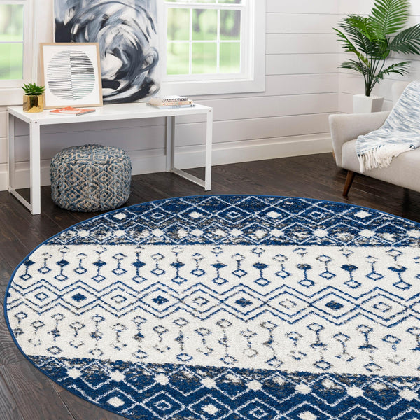 Mediterranean Lattice Collection Area Rug -  Casablanca (Ivory Navy Blue) Round Ivory Navy Blue  lifestyle 14