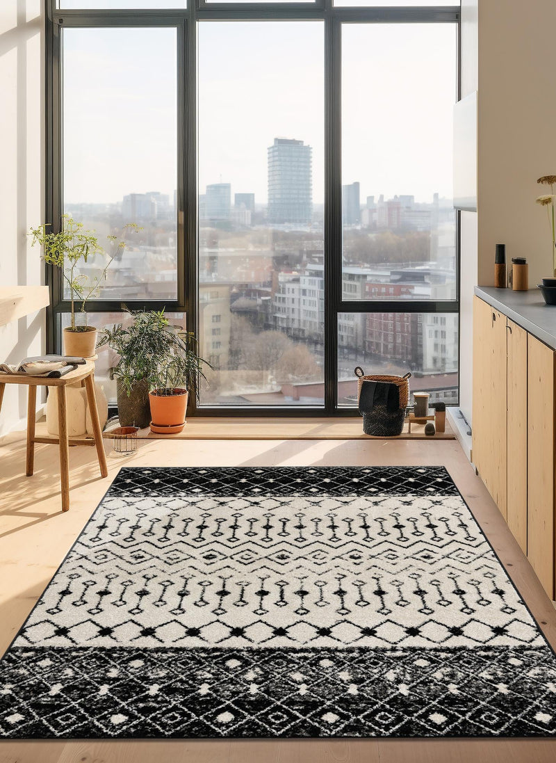 Mediterranean Lattice Collection Area Rug -  Casablanca (Black and White) Rectangle Black and White  lifestyle 7