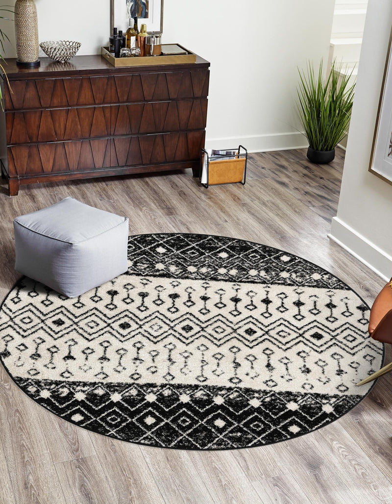 Mediterranean Lattice Collection Area Rug -  Casablanca (Black and White) Round Black and White  lifestyle 0