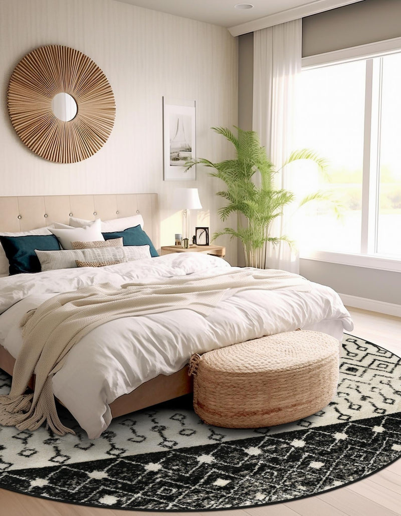 Mediterranean Lattice Collection Area Rug -  Casablanca (Black and White) Round Black and White  lifestyle 30