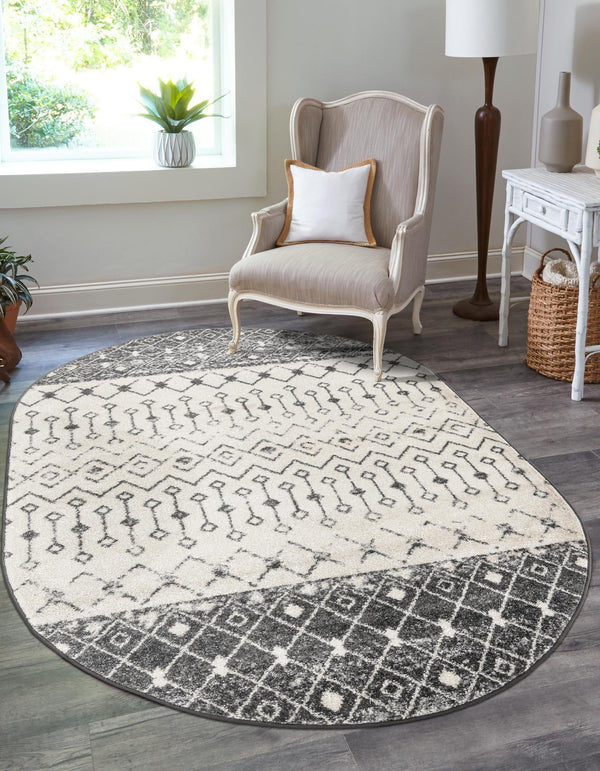 Mediterranean Lattice Collection Area Rug -  Casablanca (Ivory and Gray) Oval Ivory and Gray  lifestyle 5