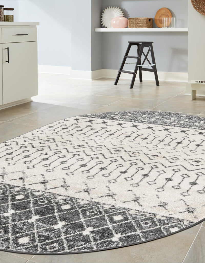Mediterranean Lattice Collection Area Rug -  Casablanca (Ivory and Gray) Oval Ivory and Gray  lifestyle 10