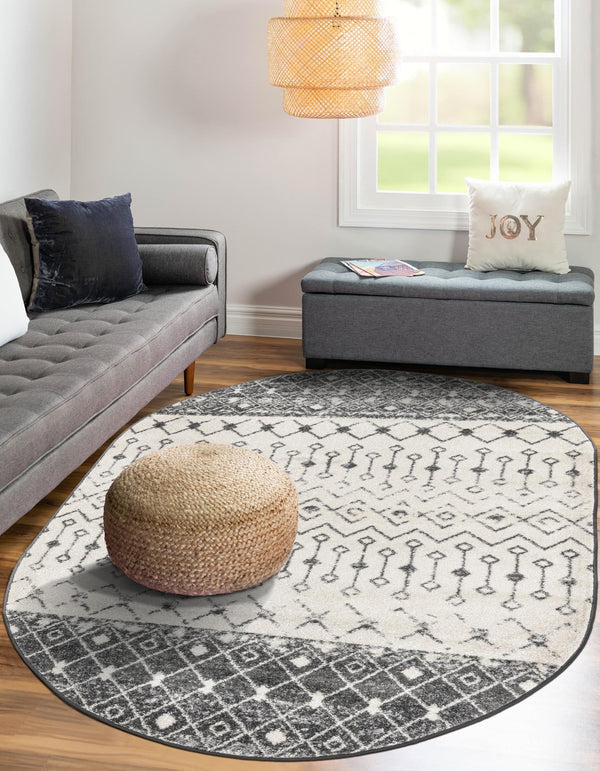 Mediterranean Lattice Collection Area Rug -  Casablanca (Ivory and Gray) Oval Ivory and Gray  lifestyle 11