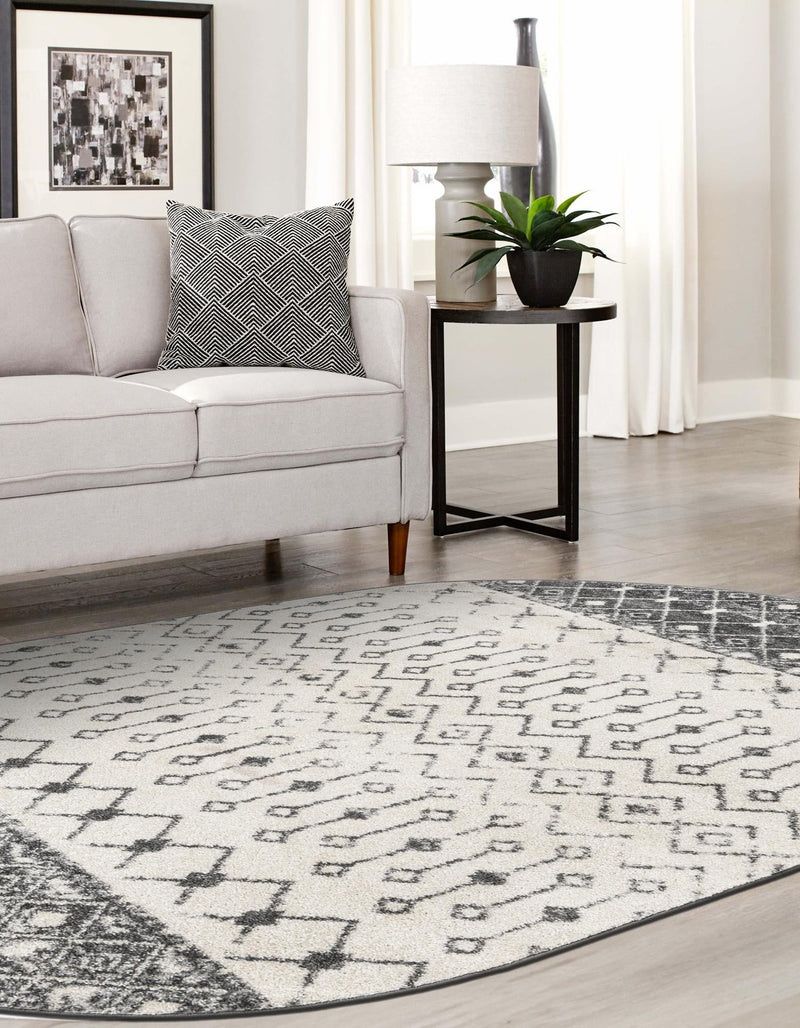 Mediterranean Lattice Collection Area Rug -  Casablanca (Ivory and Gray) Oval Ivory and Gray  lifestyle 12