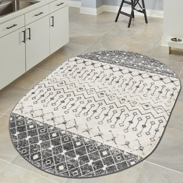 Mediterranean Lattice Collection Area Rug -  Casablanca (Ivory and Gray) Oval Ivory and Gray  lifestyle 23