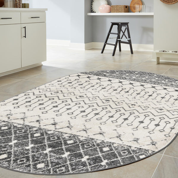 Mediterranean Lattice Collection Area Rug -  Casablanca (Ivory and Gray) Oval Ivory and Gray  lifestyle 24