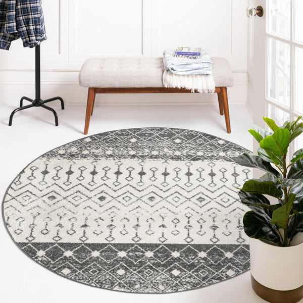 Mediterranean Lattice Collection Area Rug -  Casablanca (Ivory and Gray) Round Ivory and Gray  lifestyle 13