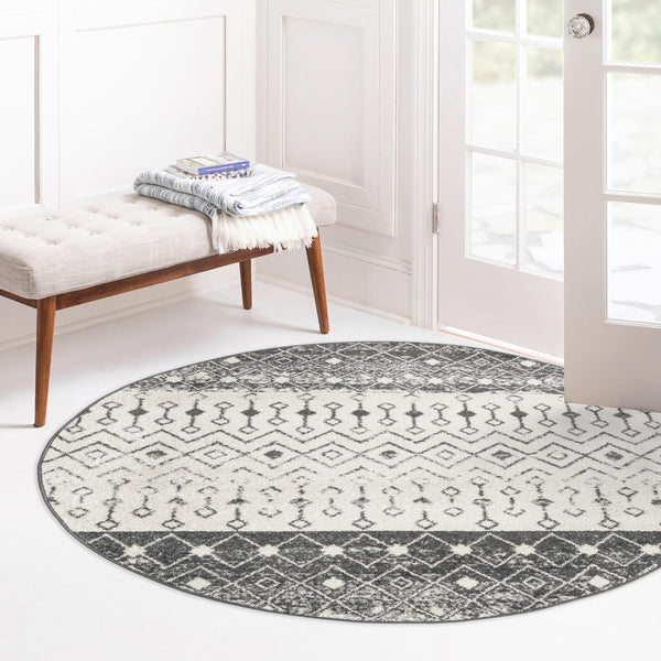 Mediterranean Lattice Collection Area Rug -  Casablanca (Ivory and Gray) Round Ivory and Gray  lifestyle 14