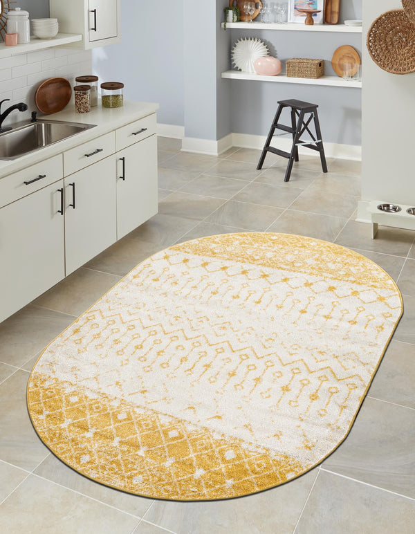Mediterranean Lattice Collection Area Rug -  Casablanca (Ivory and Yellow) Oval Ivory and Yellow  lifestyle 9