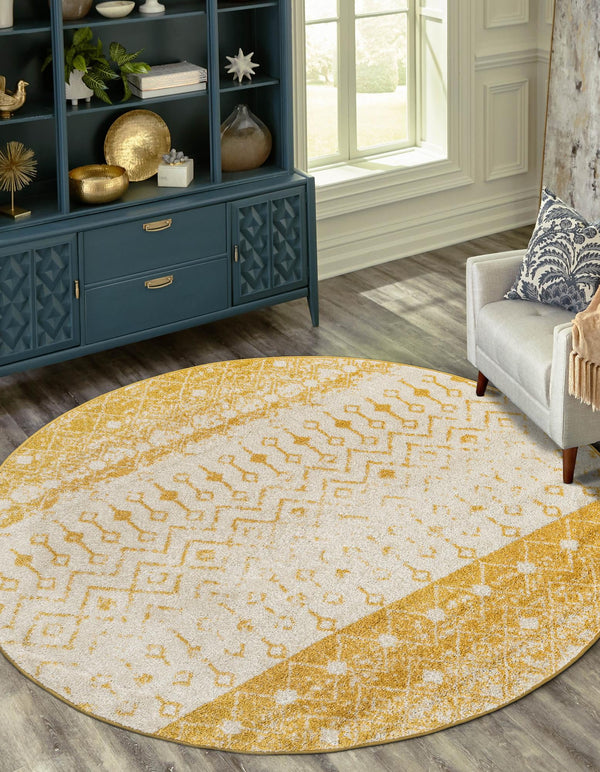 Mediterranean Lattice Collection Area Rug -  Casablanca (Ivory and Yellow) Round Ivory and Yellow  lifestyle 28