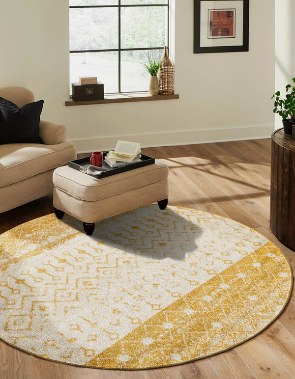 Mediterranean Lattice Collection Area Rug -  Casablanca (Ivory and Yellow) Round Ivory and Yellow  lifestyle 31