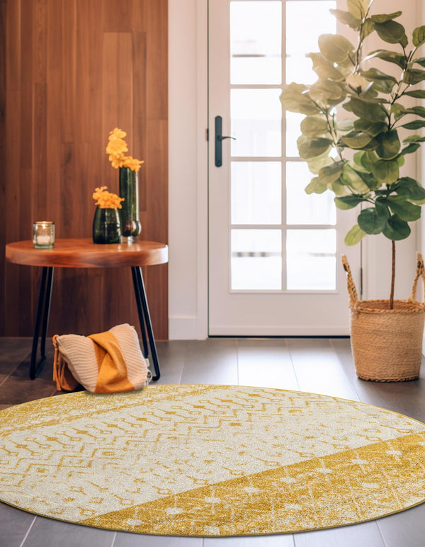 Mediterranean Lattice Collection Area Rug -  Casablanca (Ivory and Yellow) Round Ivory and Yellow  lifestyle 34