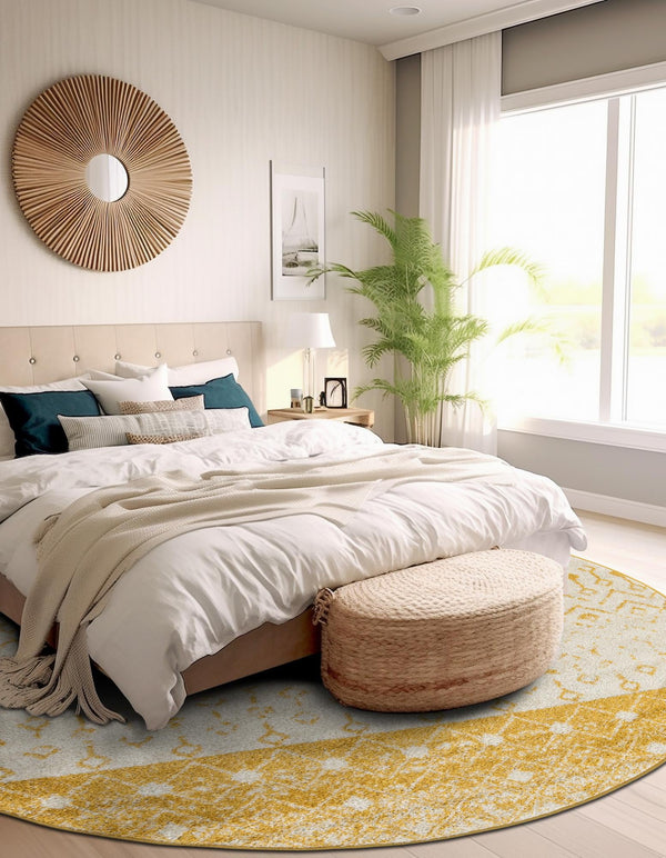 Mediterranean Lattice Collection Area Rug -  Casablanca (Ivory and Yellow) Round Ivory and Yellow  lifestyle 43