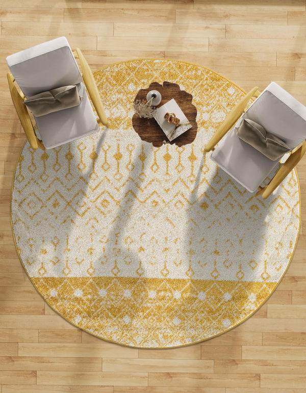 Mediterranean Lattice Collection Area Rug -  Casablanca (Ivory and Yellow) Round Ivory and Yellow  lifestyle 46