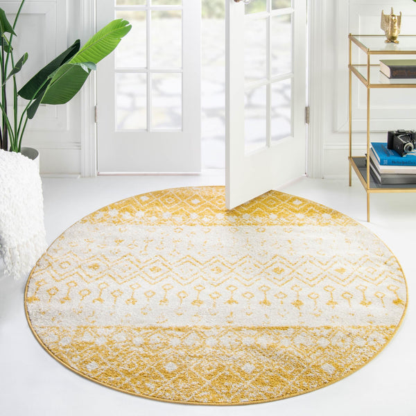 Mediterranean Lattice Collection Area Rug -  Casablanca (Ivory and Yellow) Round Ivory and Yellow  lifestyle 18