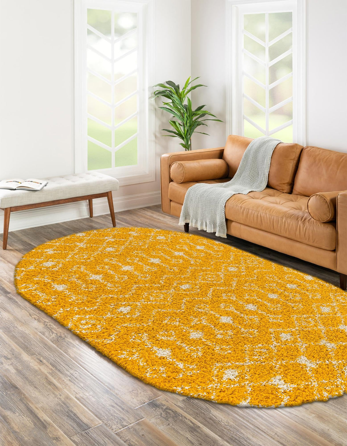 Berber Lattice Shag Collection Area Rug - Atlas (Yellow) Oval Yellow  lifestyle 24