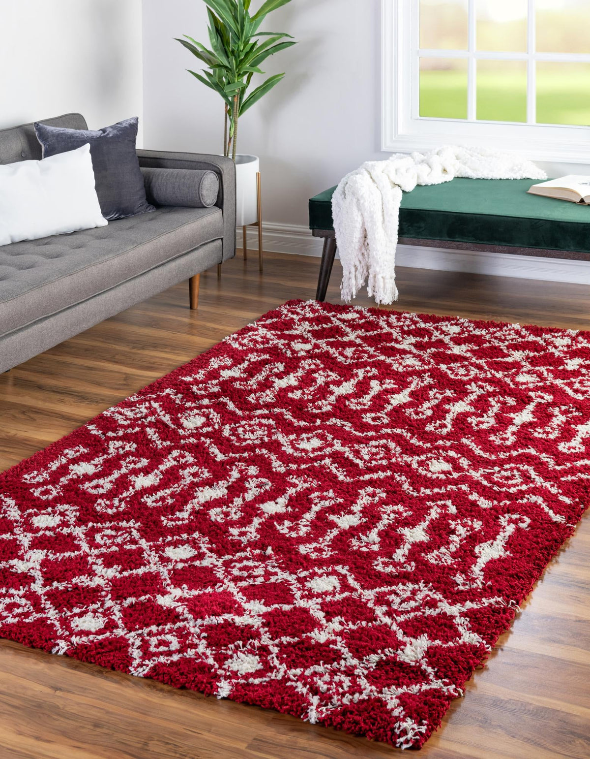 Berber Lattice Shag Collection Area Rug - Atlas (Burgundy Red) Rectangle Burgundy Red  lifestyle 0